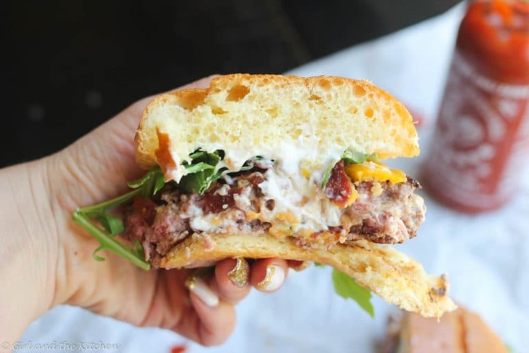 Cheesy and Spicy Stuffed Burger with Bacon and Arugula