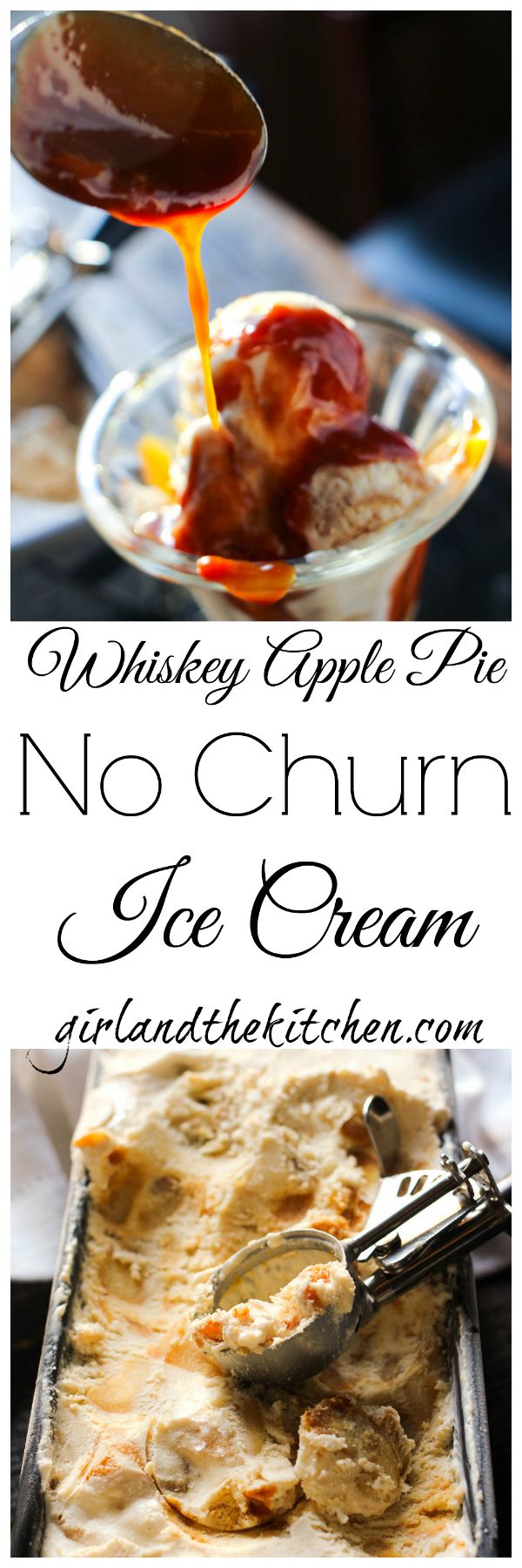 Delicious and creamy no-churn ice cream sweetened with chunks of whiskey soaked caramelized apples and shortbread cookies.