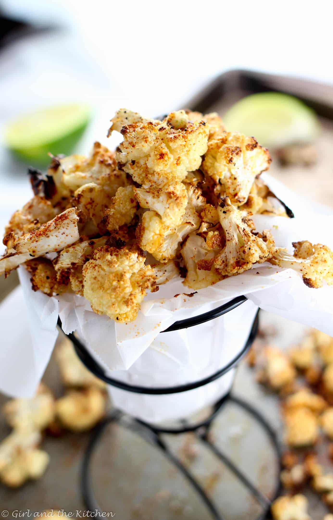 The ultimate movie snack just got healthy! My chili lime oven roasted cauliflower popcorn looks as cute as the original but tastes a heck of a lot better! With subtle citrus notes and a spicy kick this faux popcorn is the perfect couch munch food. All the flavor and none of the guilt=heaven!!!