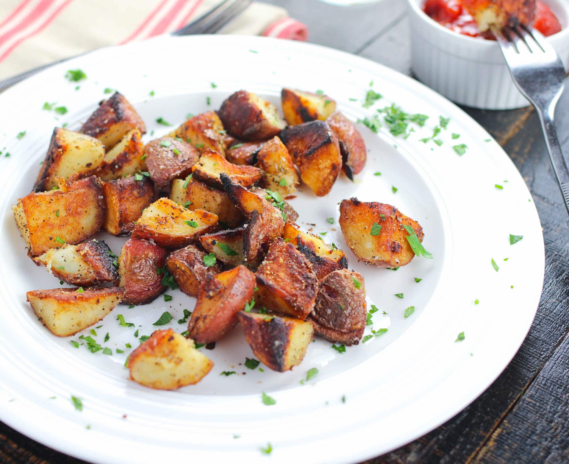Prepare for the easiest, crispiest and most addicting breakfast potatoes EVER!!! Once you have one you will be addicted! Best of all, they are healthy AND ready in under 20 minutes!!! It does not get better than this!