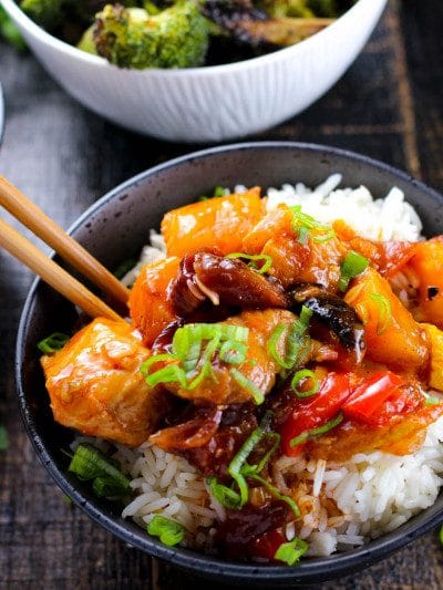 Full of aromatic and colorful roasted vegetables and a zesty and easy sauce this sweet and sour chicken will change your restaurant carryout habits forever!