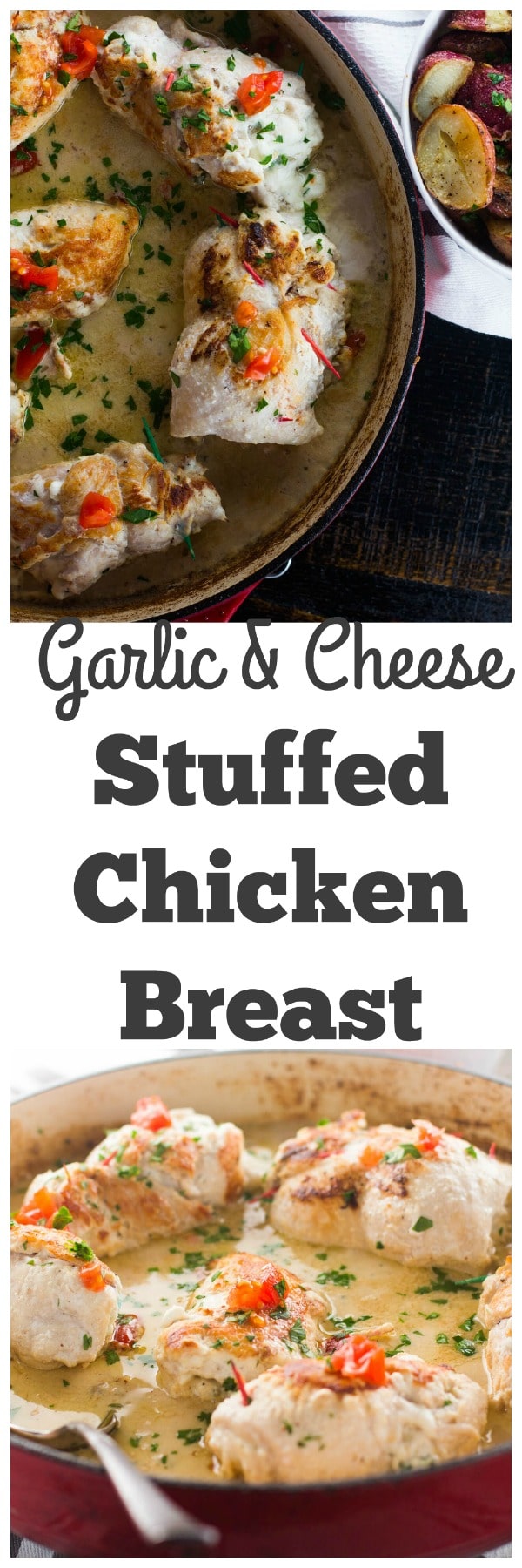 This stuffed chicken breast is loaded with silky and creamy garlic cheese and surrounded by a creamy white wine and shallot sauce. Quick, easy and the perfect mid-week meal.