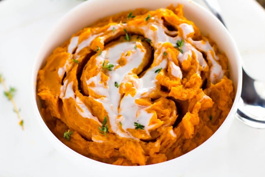 Vegan Creamy Mashed Sweet Potatoes - Girl and the Kitchen