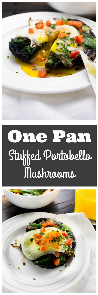 An incredibly easy one pan stuffed portobello mushrooms recipe full of spinach, garlic and topped with a gloriously runny egg. The perfect addition to a last minute brunch!