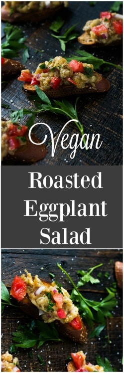This roasted eggplant salad is a perfect snack or salad for any time! Filled with smoky eggplant and juicy tomatoes, this salad is great spread over some crusty bread or as a side to any meal!