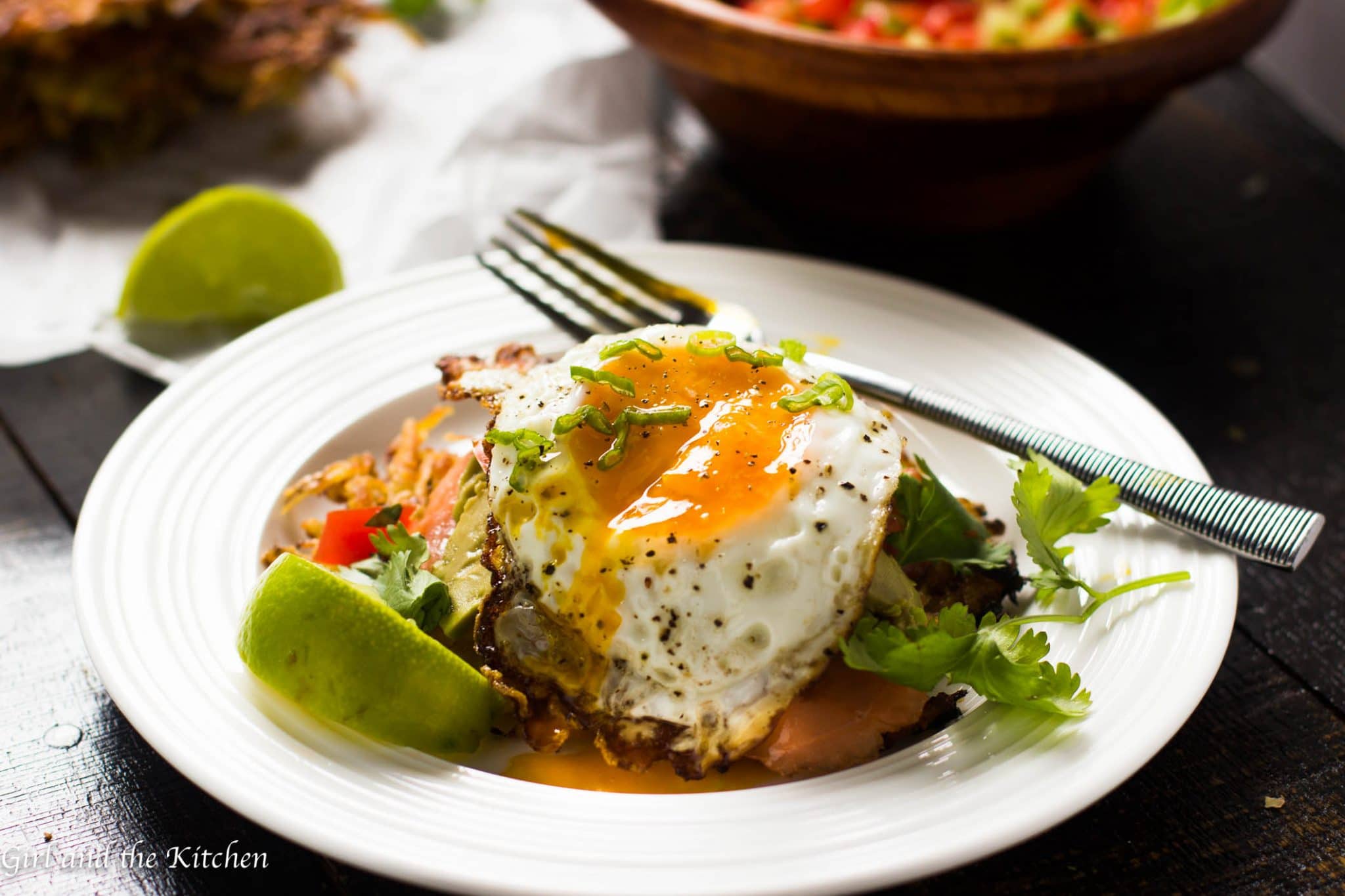 Keep things healthy, crispy and delicious with this hash brown breakfast tostada. Topped with salty smoked salmon, a cucumber salsa and a runny fried egg, this is the perfect breakfast when classic breakfasts are a bore.