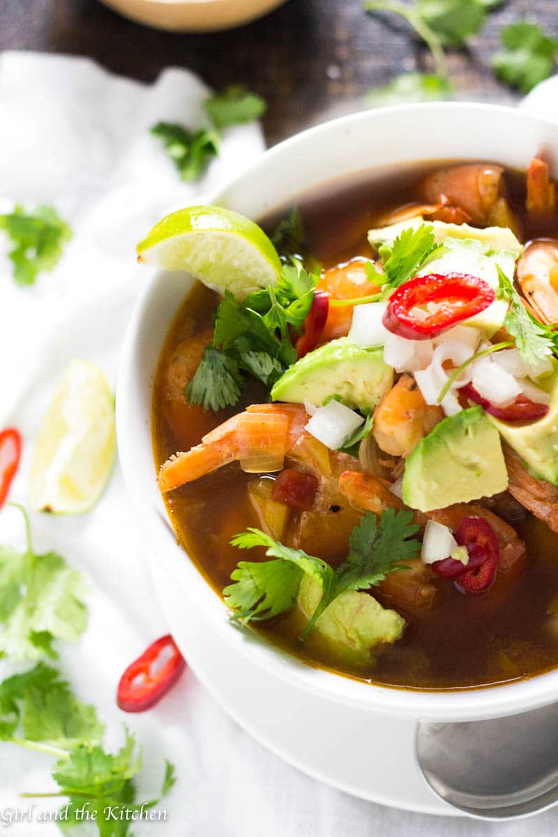 My take on this class Mexican Shrimp Soup is extremely comforting and healthy! It is filled with loads of plump shrimp and tender vegetables. Best of all I will teach you how to make it taste like it has been cooking for hours when it in only takes 45 minutes!
