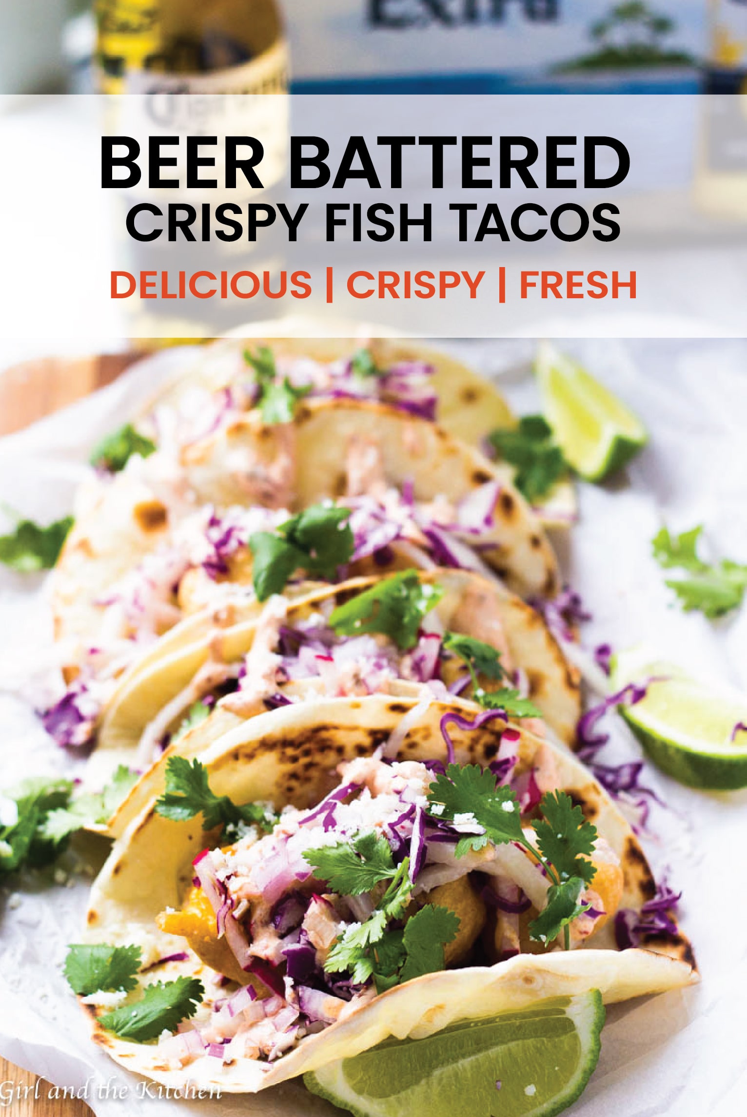 These delicious beer battered crispy fish tacos are a new twist on a Baja classic!  Dipped in a spicy beer batter and topped with a crunch and fresh slaw, these fish tacos will be the new standard to any summer party! #fishtacos #crispy #delicious