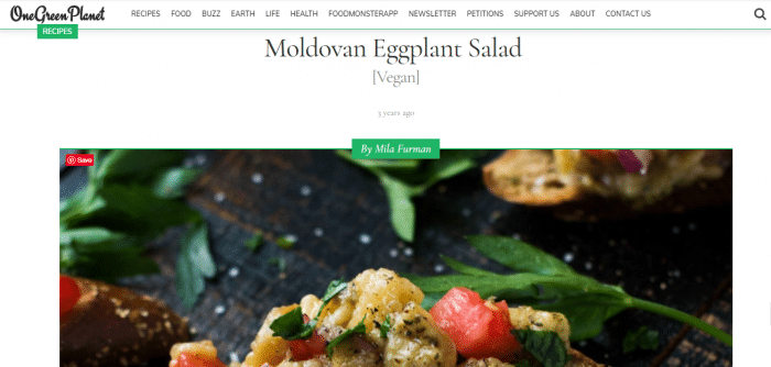 screenshot of One Green Planet recipe of Moldovan Egg Salad and image of egg salad on toast