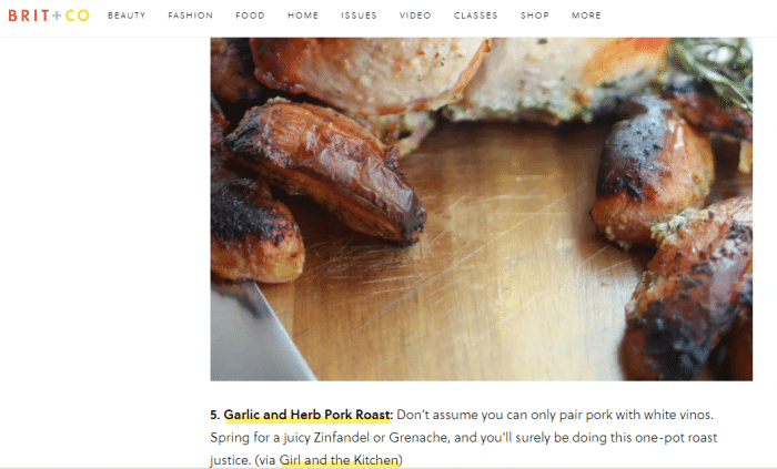 screenshot of Brit+Co post with image of pork loin and description of recipe