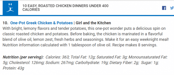 Screenshot of myfitnesspal.com post and Greek chicken and potatoes recipe from Girl and the Kitchen with nutrition facts