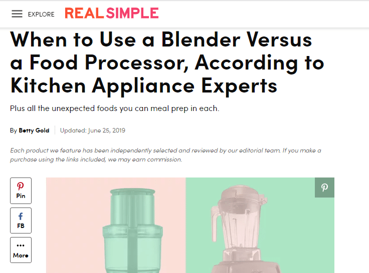 screenshot from Real Simple of post on When to Use a Blender Versus Food Processor and pictures of food processor and blender