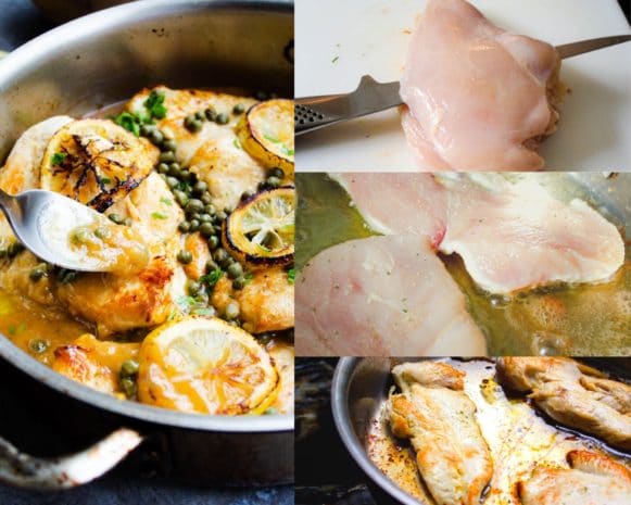 a collage of steps for chicken piccata
