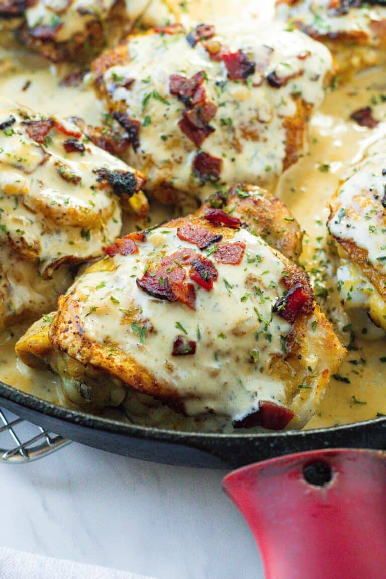 One Pan Creamy Bacon Chicken Thighs