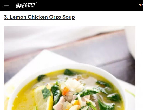 screenshot of Greatist Lemon Chicken Orzo Soup recipe and picture