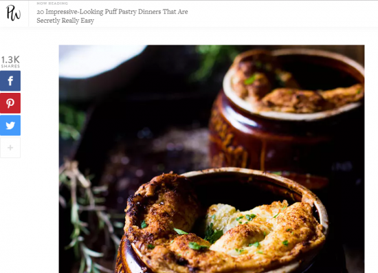 screenshot PureWow post with puff pastry recipes and pot pie image