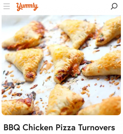 Yummly recipe title and image of bbq chicken turnovers on a piece of parchment paper