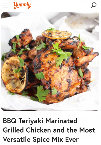 Yummly recipe title and image of BBQ Teriyaki marinated grilled chicken and orange peels on a white plate