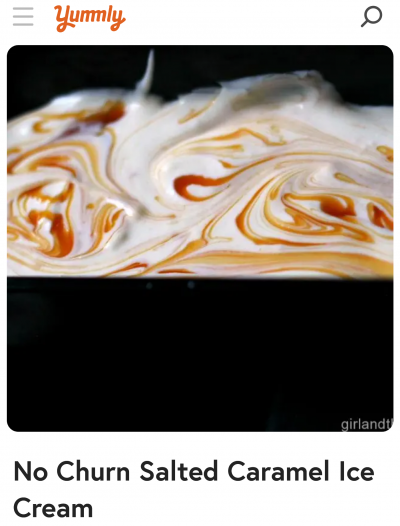 Yummly recipe title and image of no churn salted caramel ice cream in a black container