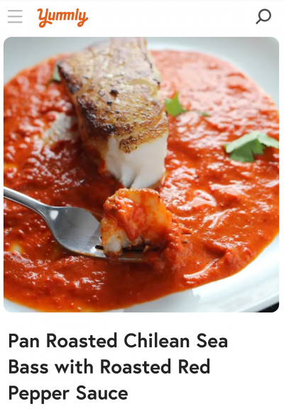screenshot of a recipe from Yummly with picture of sea bass in red sauce