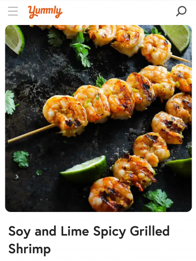Yummly recipe with image of shrimp on a skewer