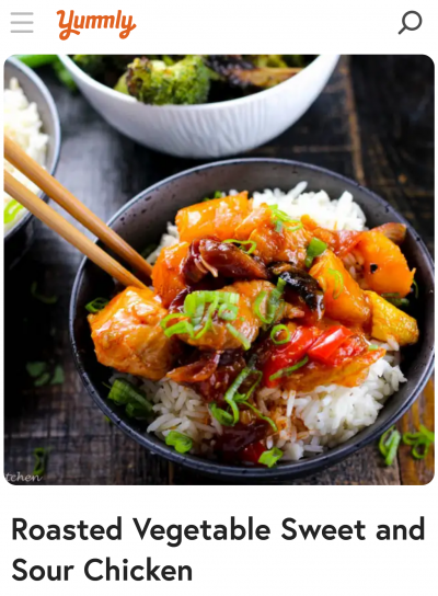 yummly recip with image of roasted vegetable sweet and sour chicken in a bowl